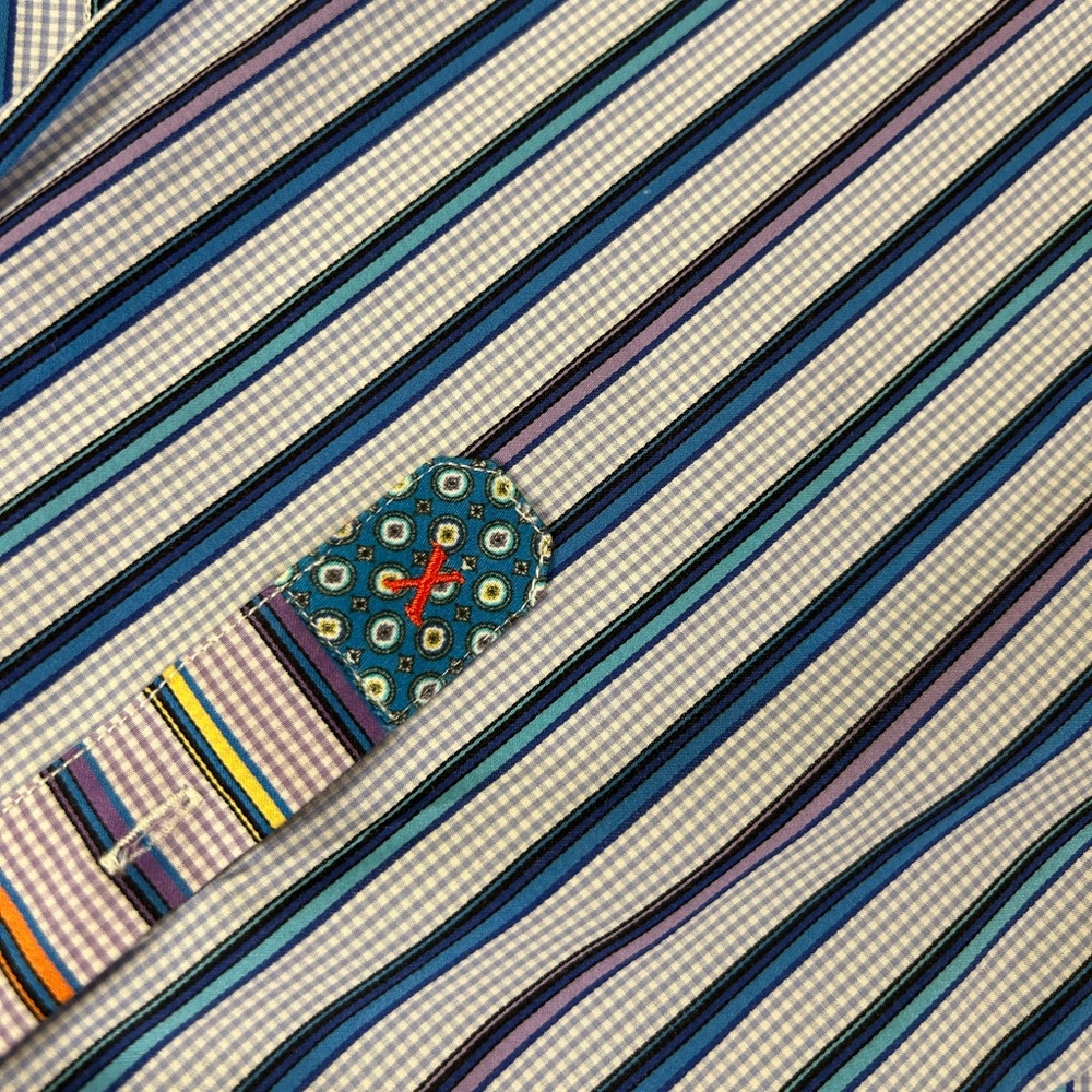 ROBERT GRAHAM Flip Cuff Striped Gingham Button Down Shirt Blue Purple 2XL - Picture 9 of 16